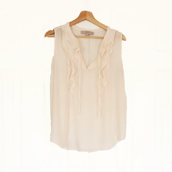 Loft Flowy Cream-White Blouse - Sleeveless Ruffle Front - Size MP - Picture 1 of 11